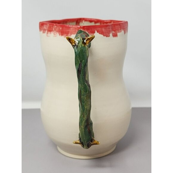 Handcrafted Ceramic Pitcher/Creamer Unique Green‎ Textured Branch Handle Red Rim - Picture 2 of 10